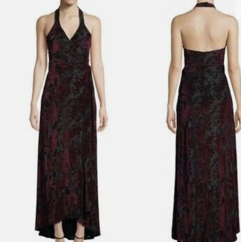 NWT- $178 Dress The Population Erica Velvet Maxi Wrap Dress Hi Low Hem Sz Med